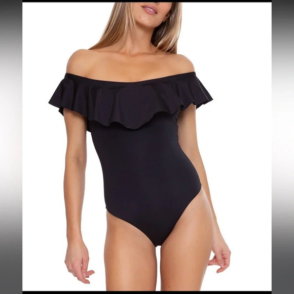 Trina Turk Solid Monarco Off-the-Shoulder Ruffle One Piece Swimsuit sz 4 - Picture 1 of 6